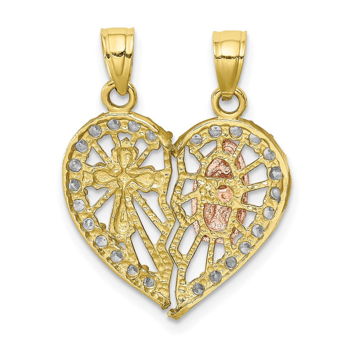 Million Charms 10K Two-Tone (Cubic Zirconia) CZ Religious Break-Apart Heart Pendant