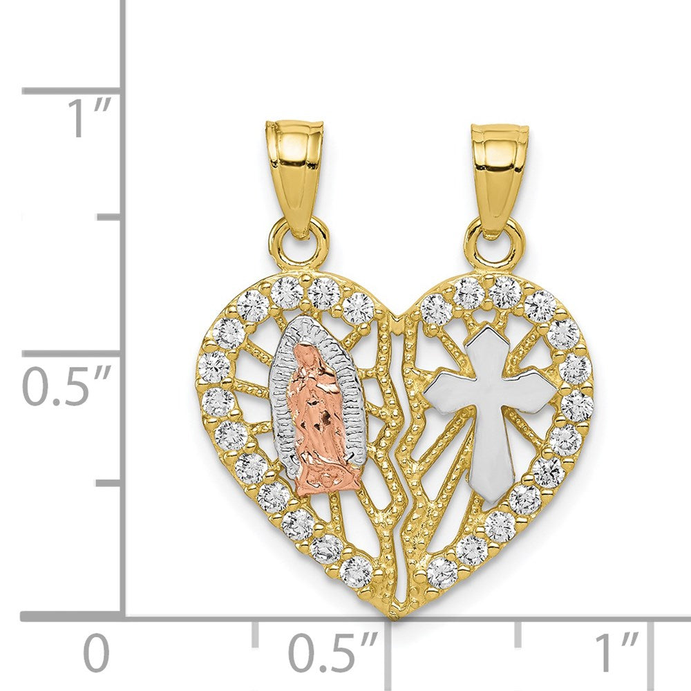 Million Charms 10K Two-Tone (Cubic Zirconia) CZ Religious Break-Apart Heart Pendant