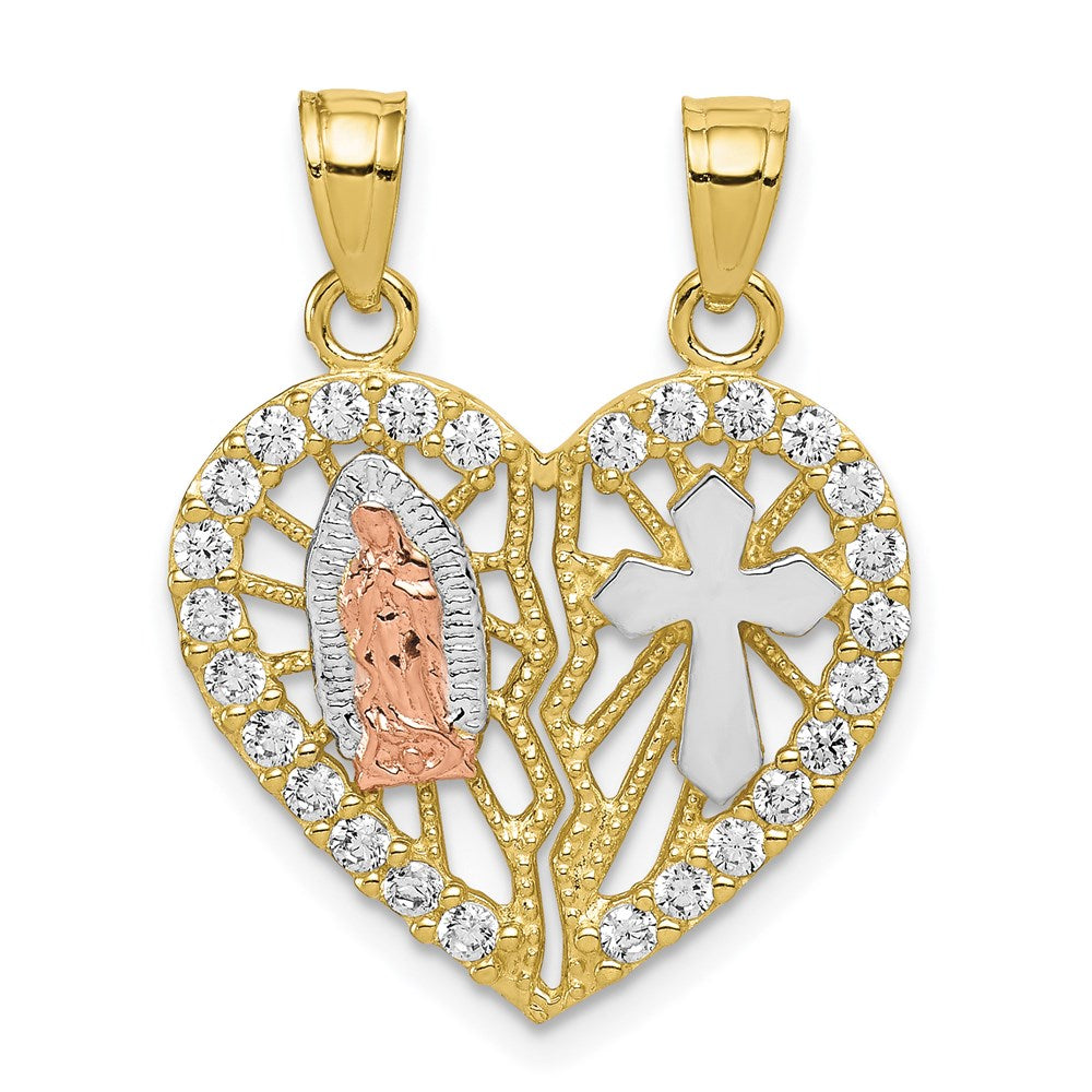 Million Charms 10K Two-Tone (Cubic Zirconia) CZ Religious Break-Apart Heart Pendant