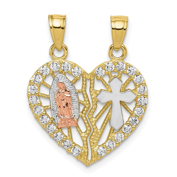 Million Charms 10K Two-Tone (Cubic Zirconia) CZ Religious Break-Apart Heart Pendant