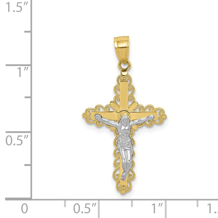 Million Charms 10K Yellow Gold Themed, Rhodium-plated Filigree Relgious Crucifix Pendant