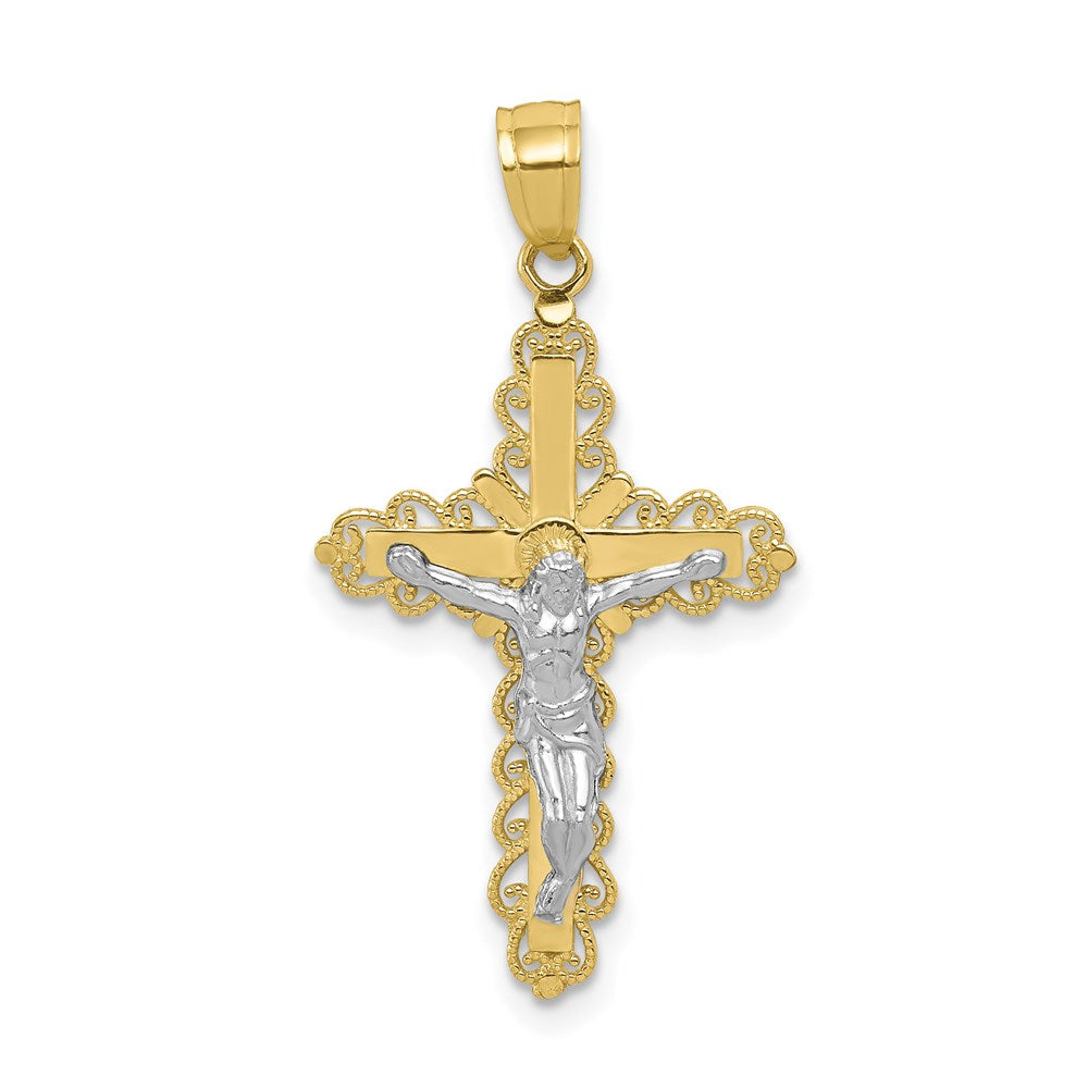Million Charms 10K Yellow Gold Themed, Rhodium-plated Filigree Relgious Crucifix Pendant