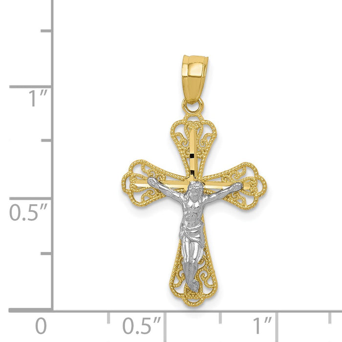 Million Charms 10K Yellow Gold Themed, Rhodium-plated Filigree Relgious Crucifix Pendant