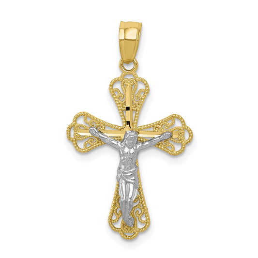Million Charms 10K Yellow Gold Themed, Rhodium-plated Filigree Relgious Crucifix Pendant