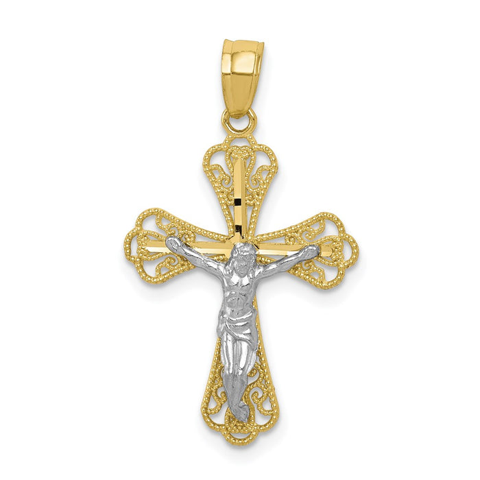 Million Charms 10K Yellow Gold Themed, Rhodium-plated Filigree Relgious Crucifix Pendant