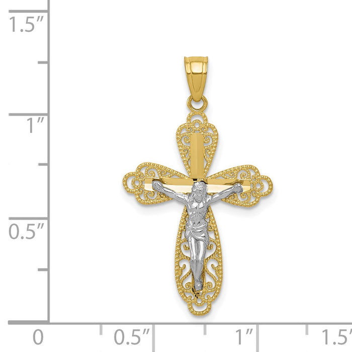 Million Charms 10K Yellow Gold Themed, Rhodium-plated Filigree Relgious Crucifix Pendant