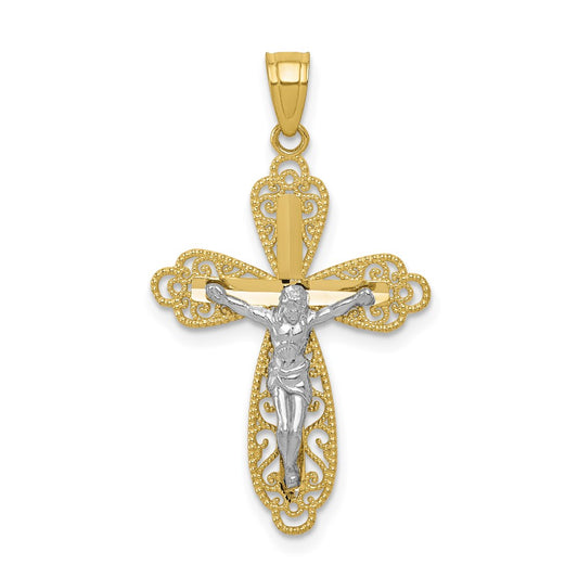 Million Charms 10K Yellow Gold Themed, Rhodium-plated Filigree Relgious Crucifix Pendant