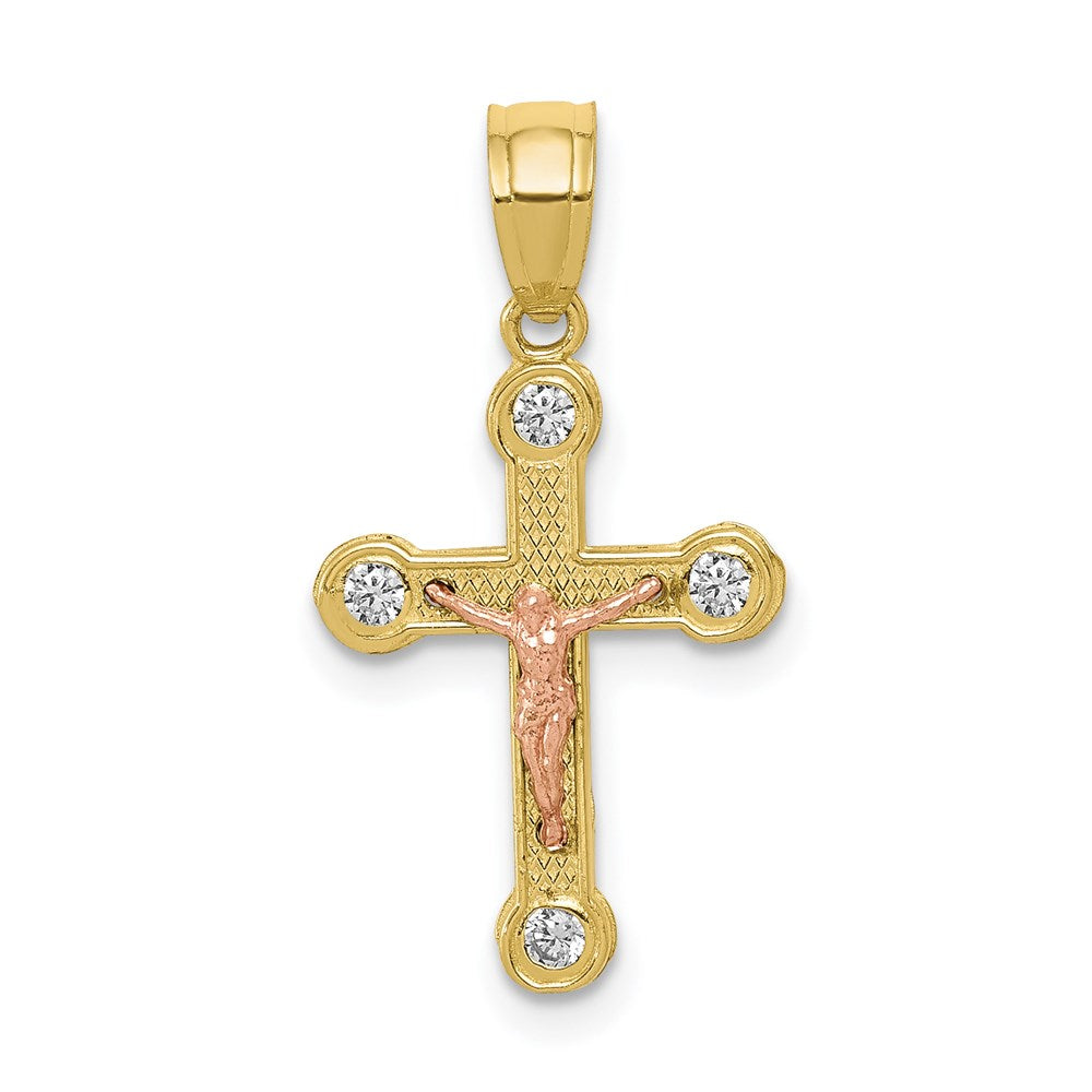 Million Charms 10K Two-Tone Small (Cubic Zirconia) CZ Relgious Crucifix Pendant