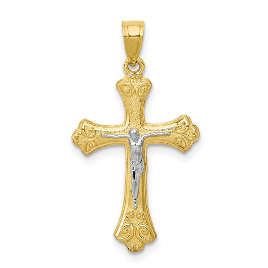 Million Charms 10K Yellow Gold Themed, Rhodium-plated Fleur De Lis Relgious Crucifix Pendant