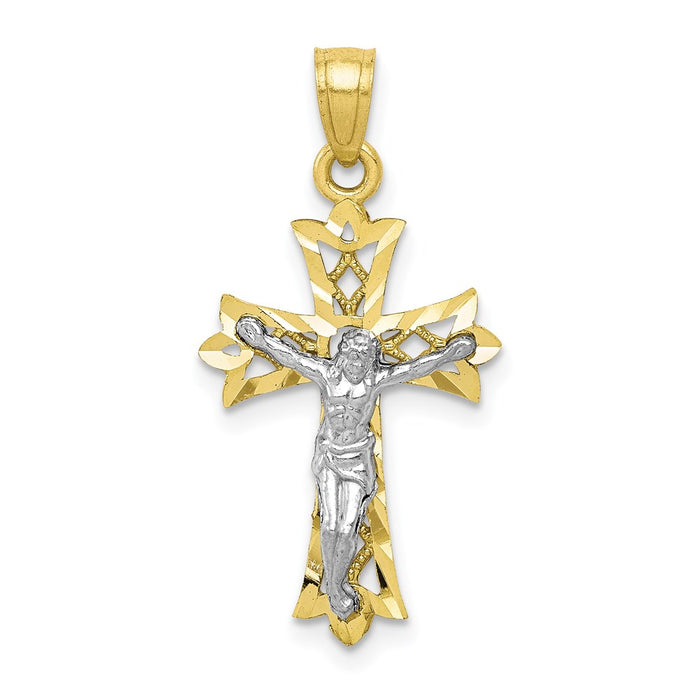 Million Charms 10K Yellow Gold Themed, Rhodium-plated Filigree Relgious Crucifix Pendant