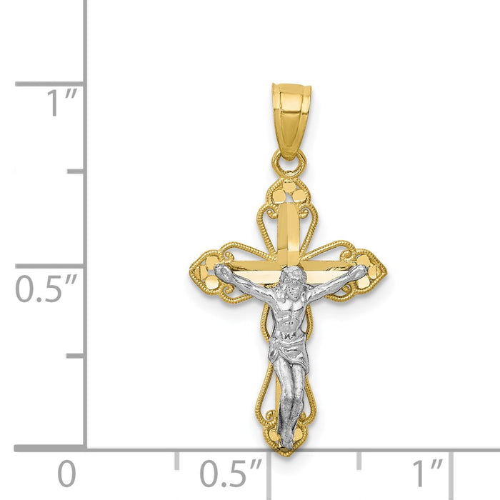 Million Charms 10K Yellow Gold Themed, Rhodium-plated Filigree Relgious Crucifix Pendant