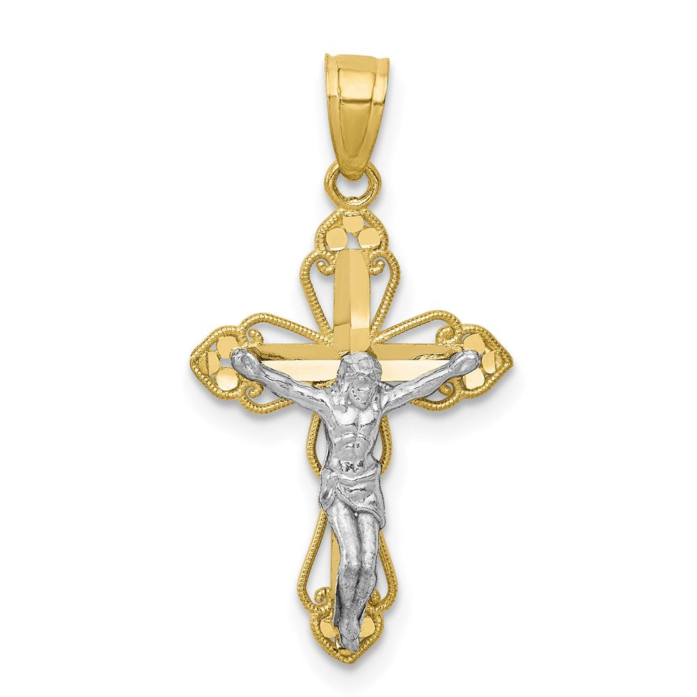 Million Charms 10K Yellow Gold Themed, Rhodium-plated Filigree Relgious Crucifix Pendant