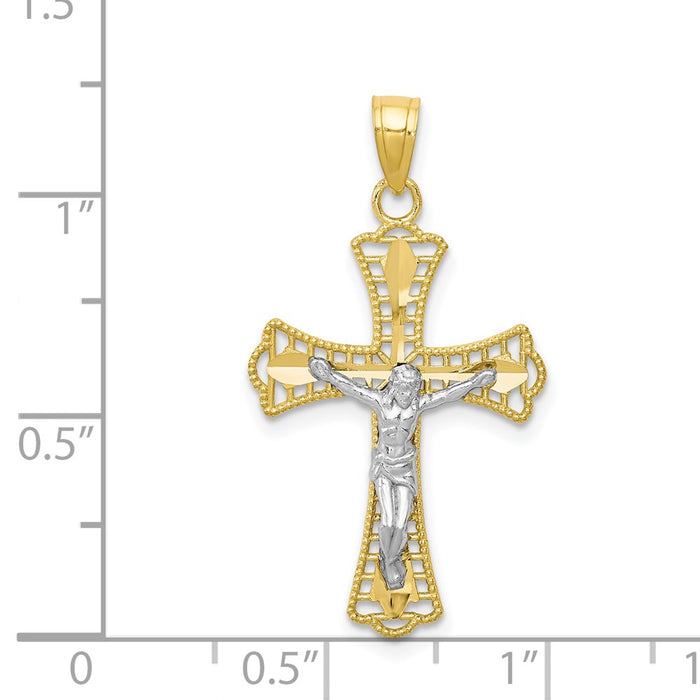 Million Charms 10K Yellow Gold Themed, Rhodium-plated Diamond-Cut Relgious Crucifix Pendant