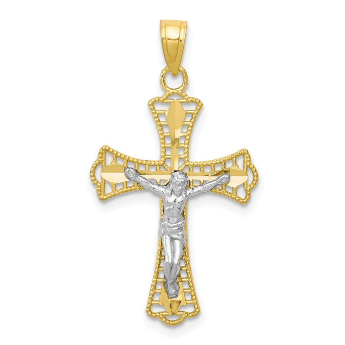 Million Charms 10K Yellow Gold Themed, Rhodium-plated Diamond-Cut Relgious Crucifix Pendant