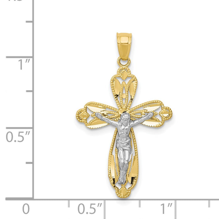 Million Charms 10K Yellow Gold Themed, Rhodium-plated Diamond-Cut Relgious Crucifix Pendant