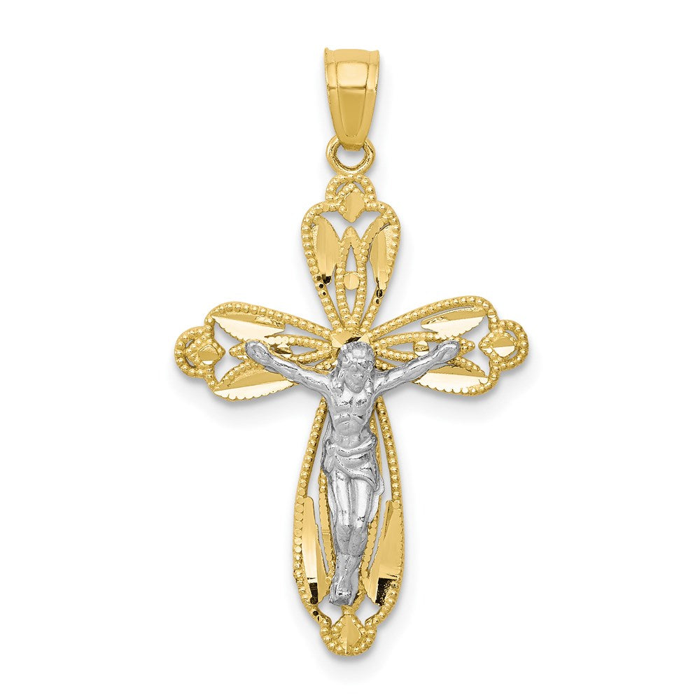 Million Charms 10K Yellow Gold Themed, Rhodium-plated Diamond-Cut Relgious Crucifix Pendant