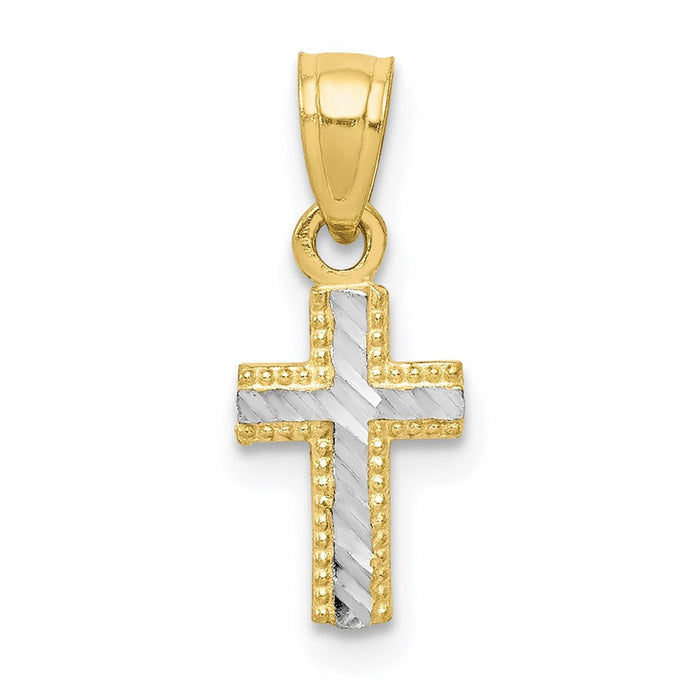 Million Charms 10K Yellow Gold Themed, Rhodium-plated Tiny Diamond-Cut Relgious Cross Pendant