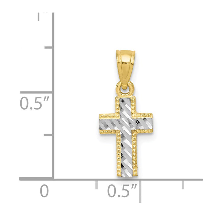 Million Charms 10K Yellow Gold Themed, Rhodium-plated Tiny Diamond-Cut Relgious Cross Pendant