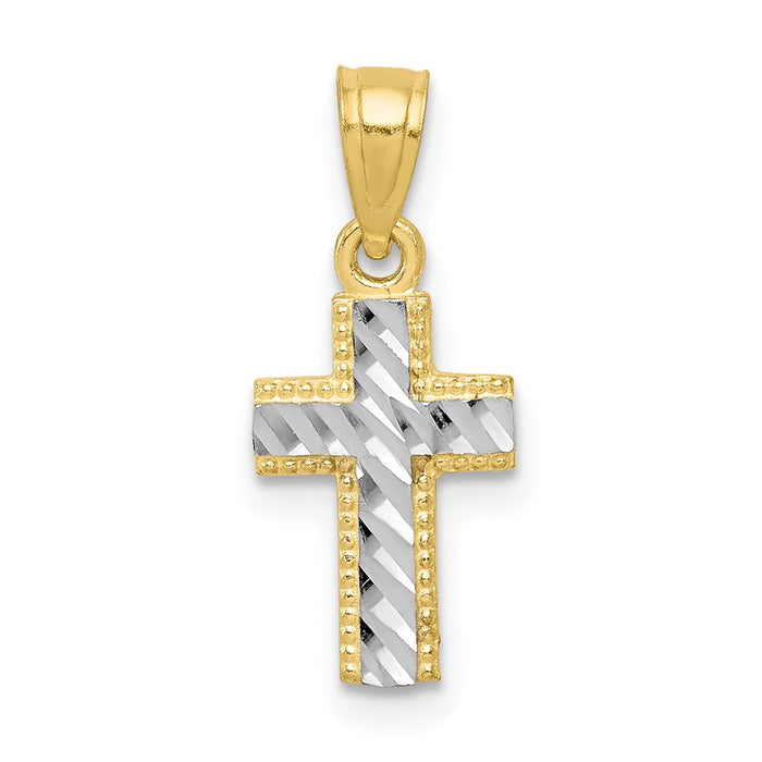 Million Charms 10K Yellow Gold Themed, Rhodium-plated Tiny Diamond-Cut Relgious Cross Pendant