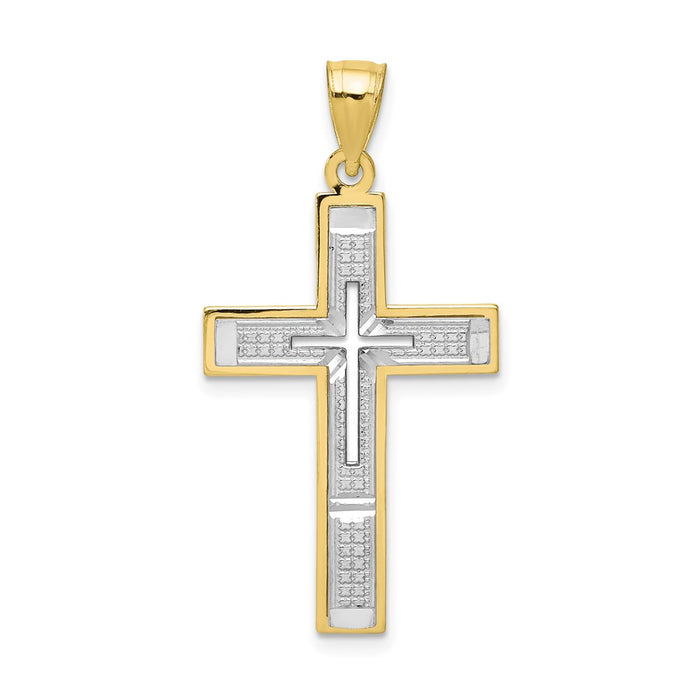 Million Charms 10K Yellow Gold Themed, Rhodium-plated Diamond-Cut Relgious Cross Pendant