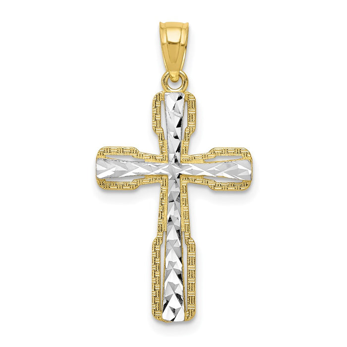 Million Charms 10K Yellow Gold Themed, Rhodium-plated Diamond-Cut Relgious Cross Pendant