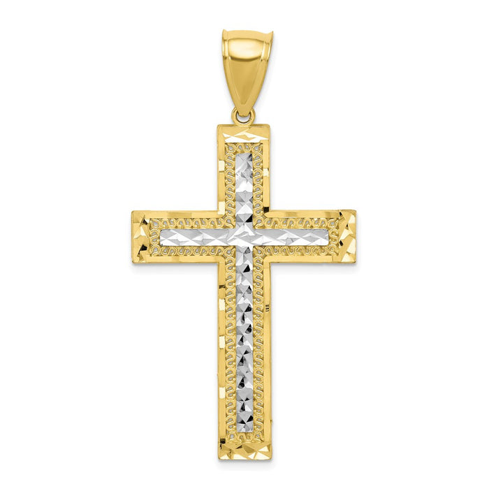 Million Charms 10K Yellow Gold Themed, Rhodium-plated Diamond-Cut Relgious Cross Pendant