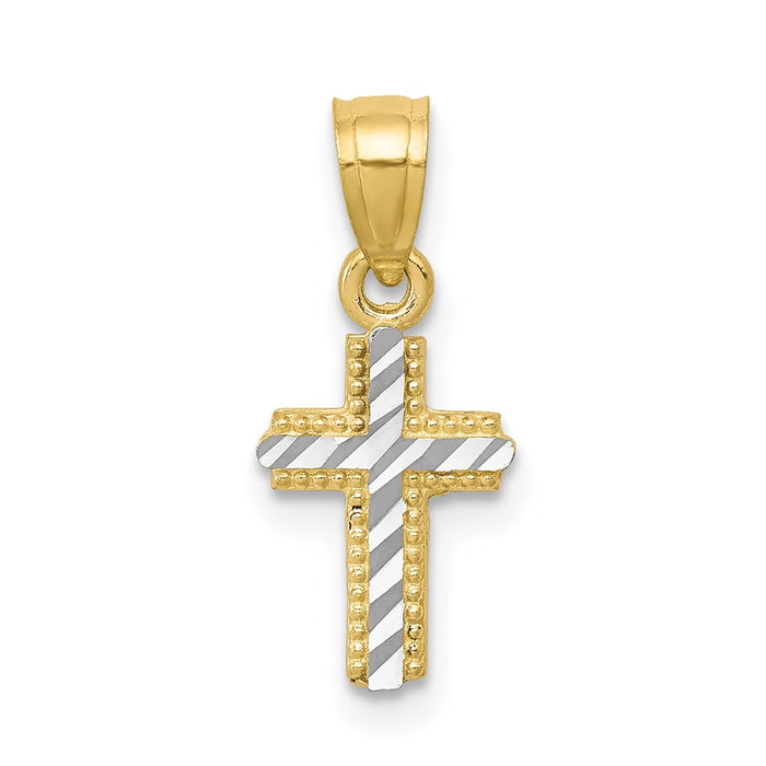 Million Charms 10K Yellow Gold Themed, Rhodium-plated Tiny Diamond-Cut Relgious Cross Pendant