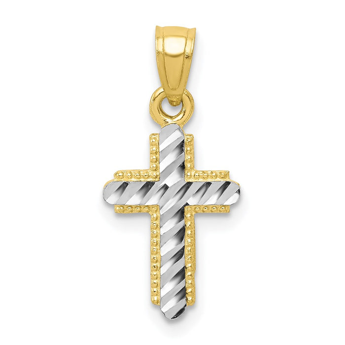 Million Charms 10K Yellow Gold Themed, Rhodium-plated Diamond-Cut Relgious Cross Pendant