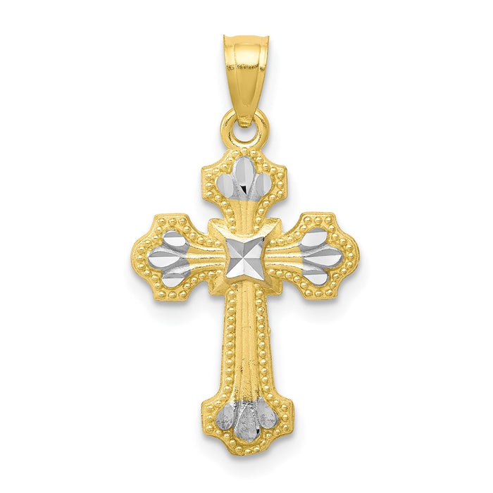 Million Charms 10K Yellow Gold Themed, Rhodium-plated Diamond-Cut Relgious Cross Pendant