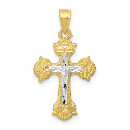 Million Charms 10K Yellow Gold Themed, Rhodium-plated Diamond-Cut Relgious Cross Pendant