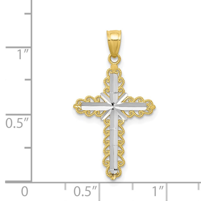 Million Charms 10K Yellow Gold Themed, Rhodium-plated Diamond-Cut Relgious Cross Pendant