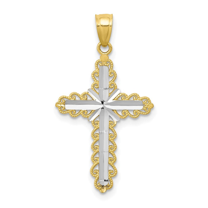 Million Charms 10K Yellow Gold Themed, Rhodium-plated Diamond-Cut Relgious Cross Pendant