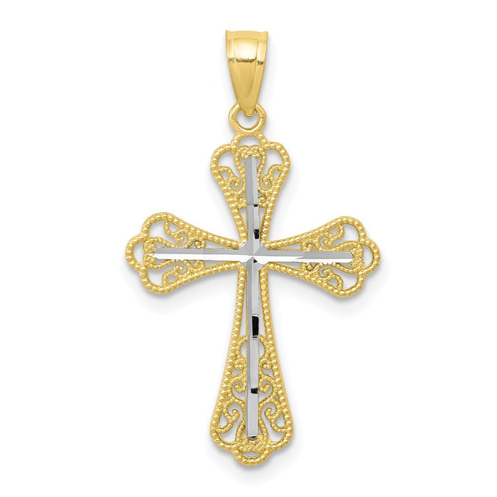 Million Charms 10K Yellow Gold Themed, Rhodium-plated Diamond-Cut Relgious Cross Pendant