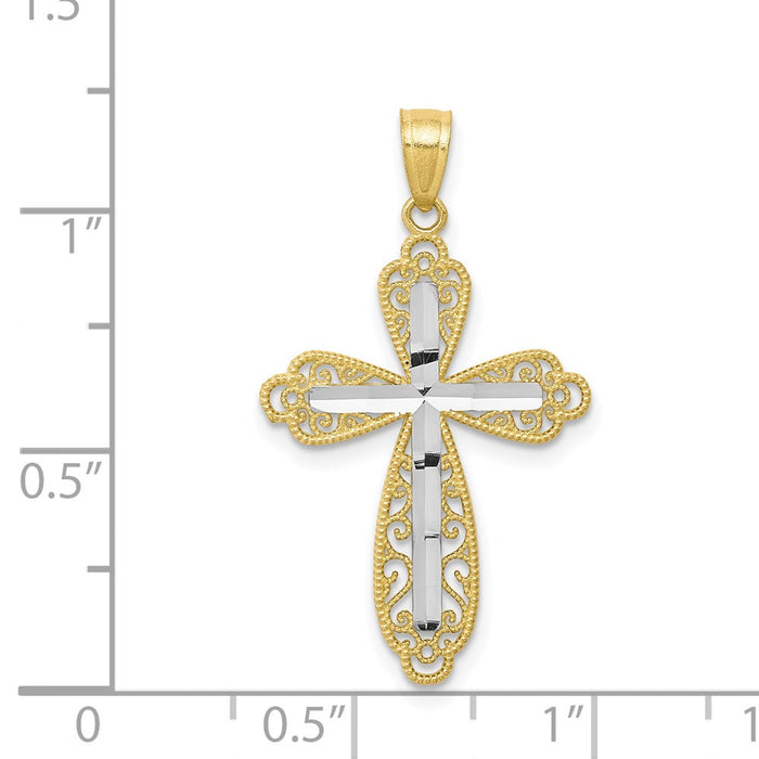 Million Charms 10K Yellow Gold Themed, Rhodium-plated Diamond-Cut Relgious Cross Pendant