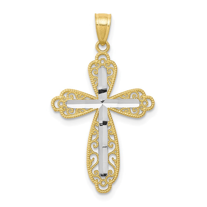 Million Charms 10K Yellow Gold Themed, Rhodium-plated Diamond-Cut Relgious Cross Pendant