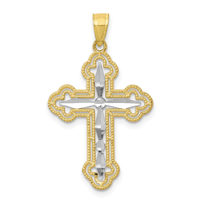 Million Charms 10K Yellow Gold Themed, Rhodium-plated Diamond-Cut Relgious Cross Pendant