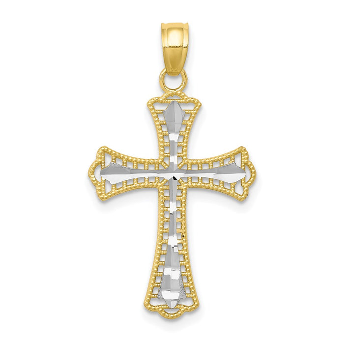 Million Charms 10K Yellow Gold Themed, Rhodium-plated Diamond-Cut Relgious Cross Pendant