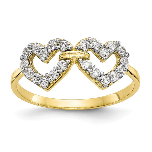 10k Yellow Gold Double Heart CZ Ring, Size: 6