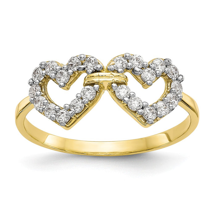 10k Yellow Gold Double Heart CZ Ring, Size: 6