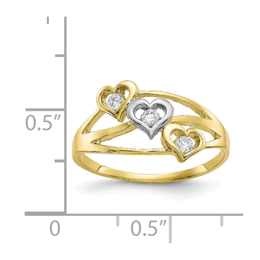 10k & Rhodium Triple Heart CZ Ring, Size: 6
