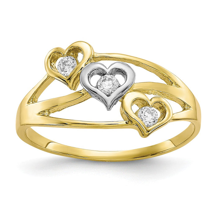 10k & Rhodium Triple Heart CZ Ring, Size: 6