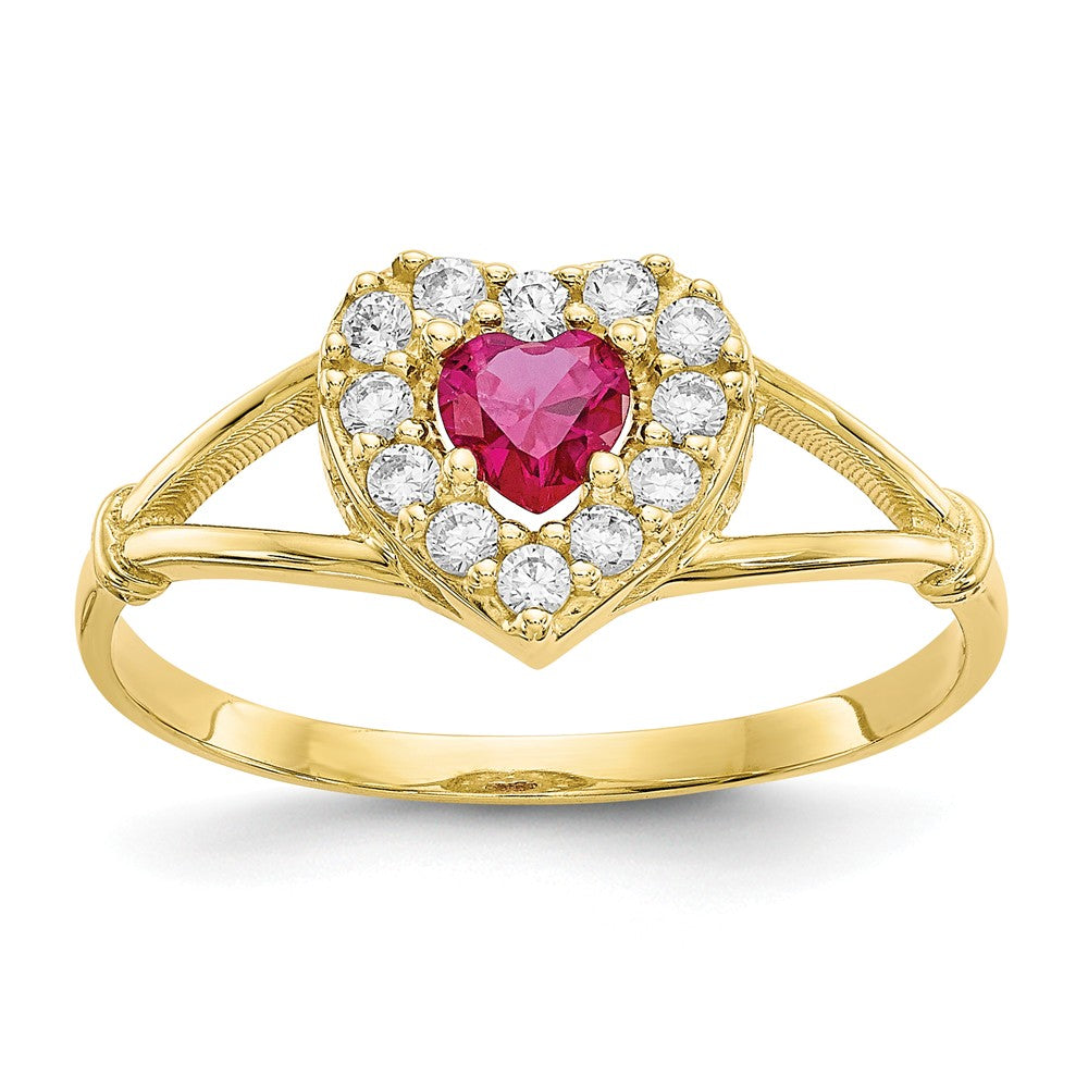 10k Yellow Gold Red & White CZ Heart Ring, Size: 8