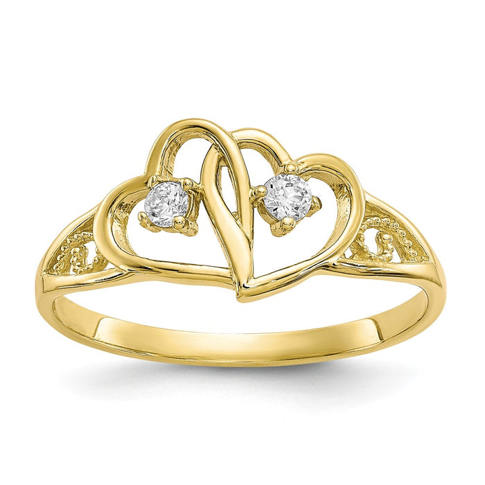 10k Yellow Gold Double Heart CZ Ring, Size: 7