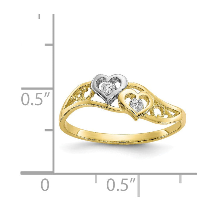 10k & Rhodium Double Heart CZ Ring, Size: 6