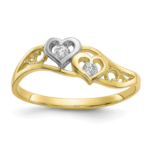 10k & Rhodium Double Heart CZ Ring, Size: 6