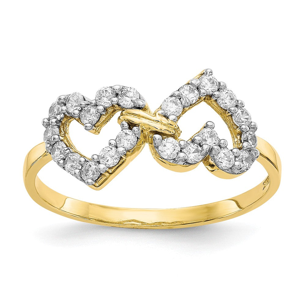 10k Yellow Gold Double Heart CZ Ring, Size: 6