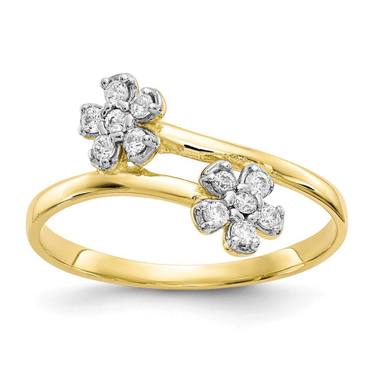 10k Yellow Gold Double Flower CZ Ring, Size: 6