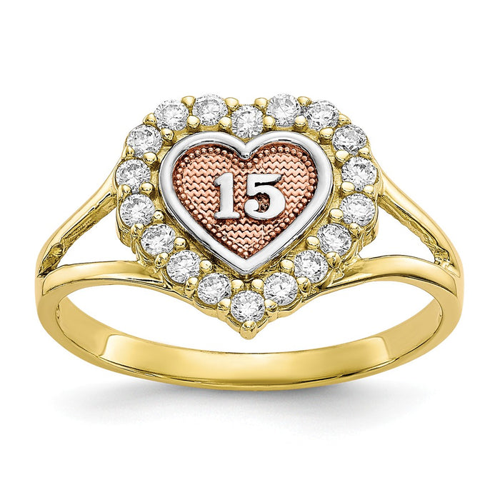 10k Two-Tone Gold Sweet 15 Heart Ring, Size: 6