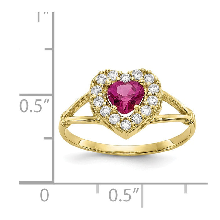 10k Yellow Gold Red & White CZ Heart Ring, Size: 7