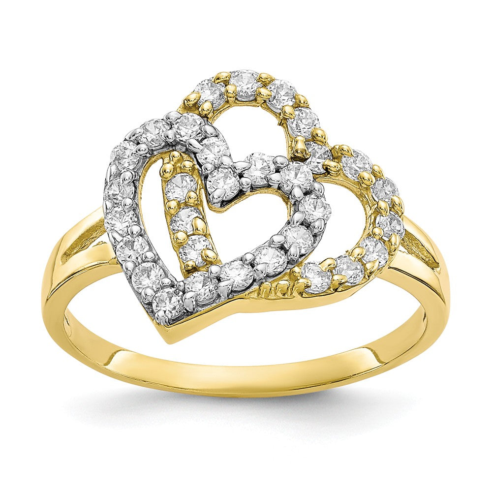 10k & Rhodium Double Heart Ring with CZ, Size: 6